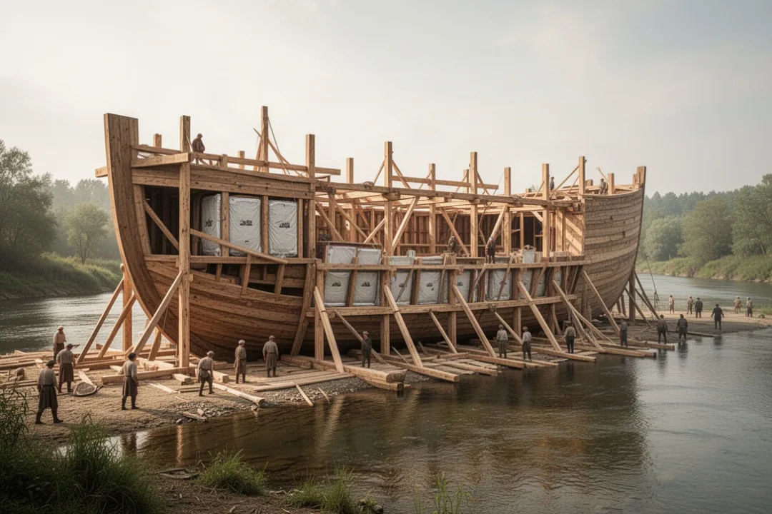 Ancient ark construction showing timber compartments and waterproofing