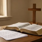 Gospel meaning: the good news of Jesus Christ Open Bible and wooden cross representing the meaning of the gospel