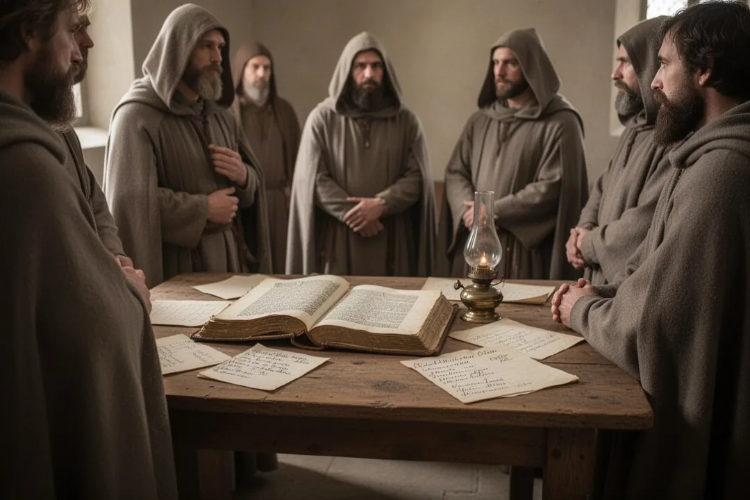 Historical religious council studying disputed doctrine around manuscripts