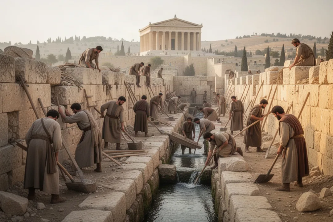 Workers prepare Jerusalem’s defenses and water supply during Hezekiah’s reign