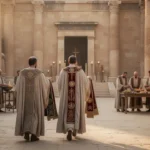 High priest approaching the ancient temple sanctuary during worship