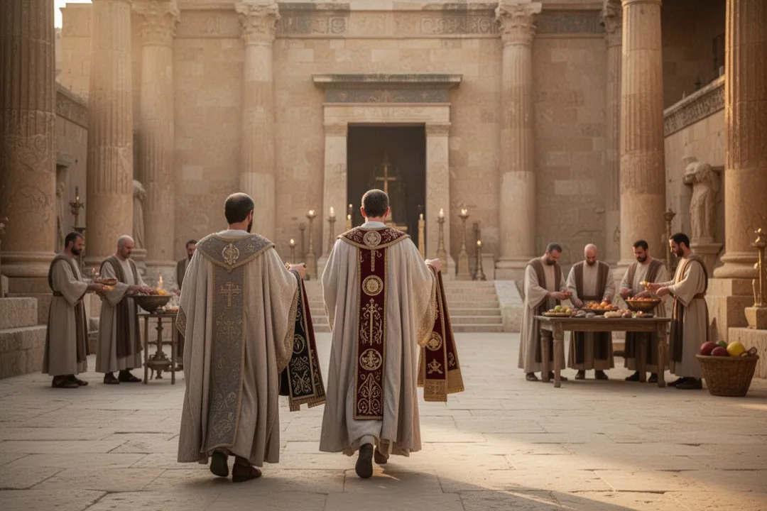 High priest approaching the ancient temple sanctuary during worship