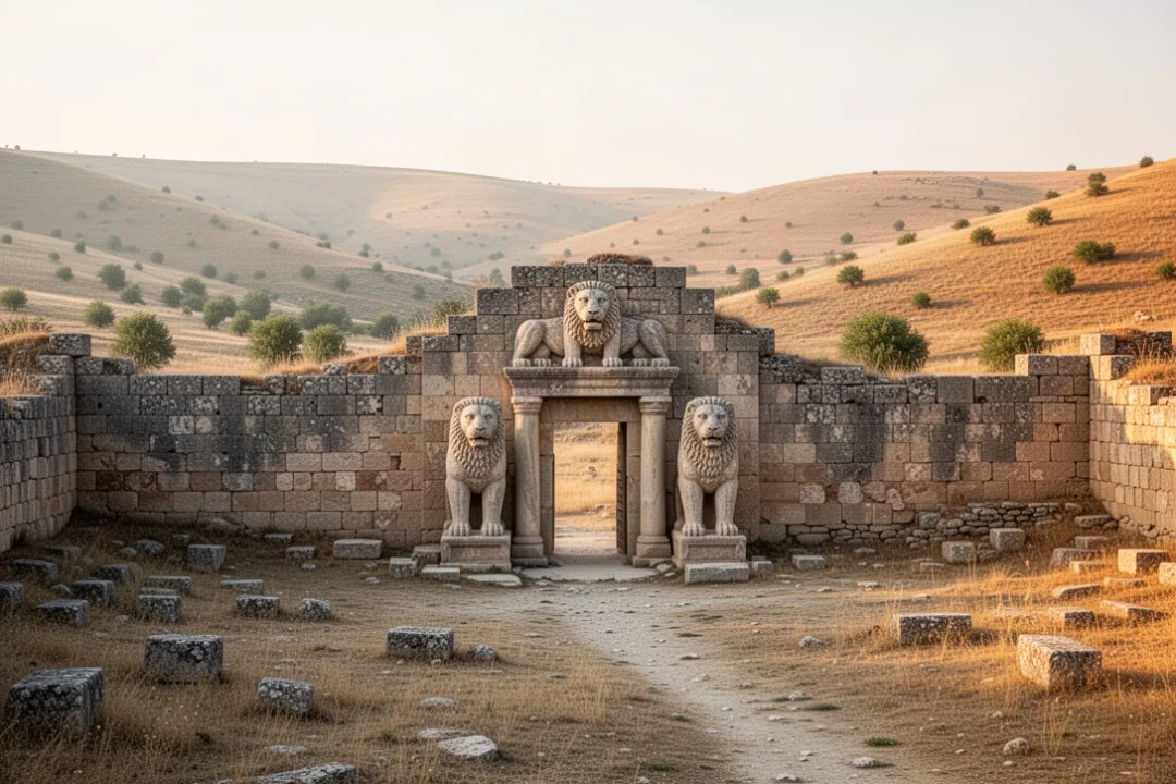 Hattusa ruins and Lion Gate among the Anatolian hills