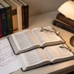 Sermon preparation materials arranged on a church study desk