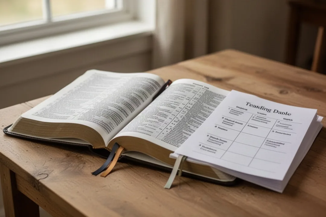 Open Bible showing numbered chapters beside a reading plan