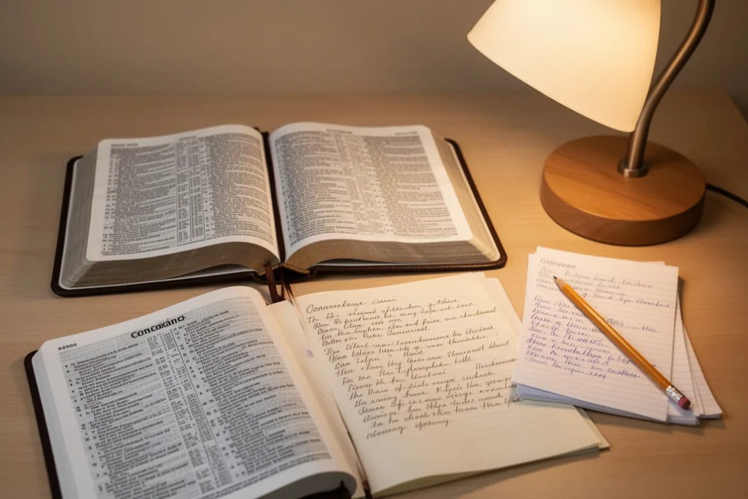 Open Bible and concordance beside handwritten study notes