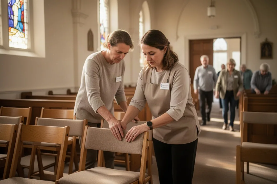 Volunteer preparing church seating quietly before worship