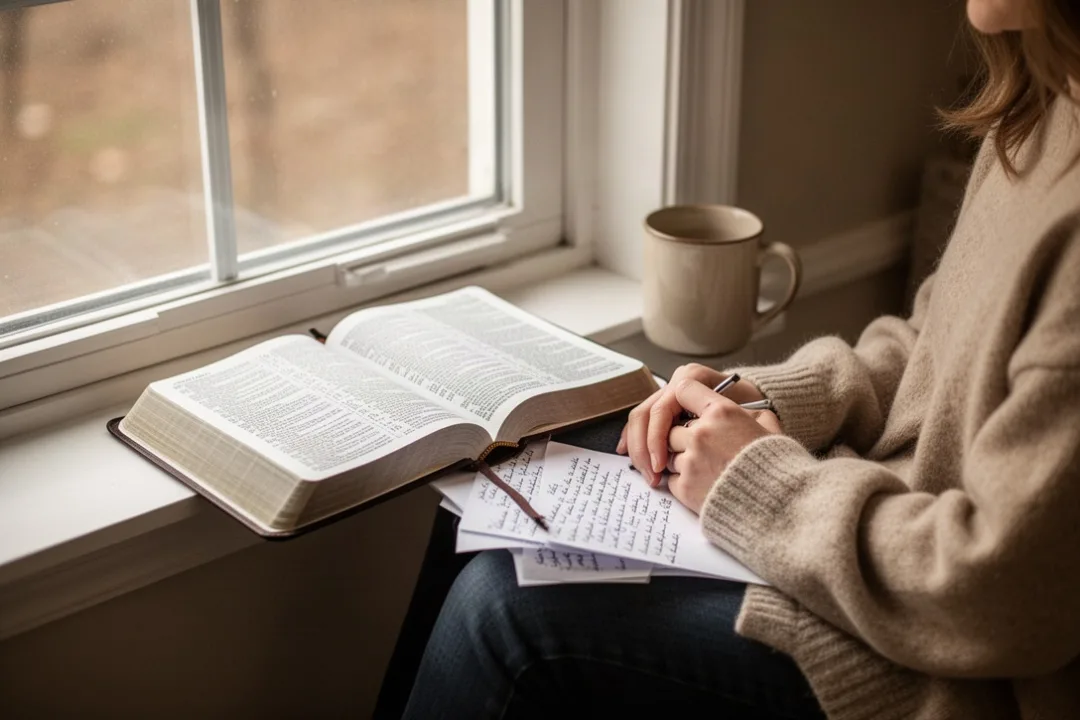 Person reflecting beside an open Bible during a difficult season