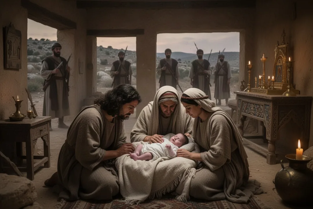 Grieving family in ancient Shiloh after the ark’s capture