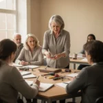 Imparting meaning, usage, and examples in English Teacher imparting practical knowledge to attentive adult learners