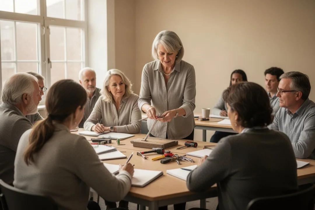 Teacher imparting practical knowledge to attentive adult learners