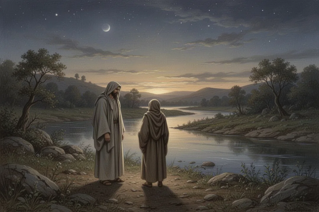 Ancient figure standing beside river at dawn after spiritual struggle