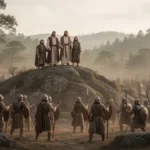 Moses supported on a hill while Joshua leads Israel’s battle below