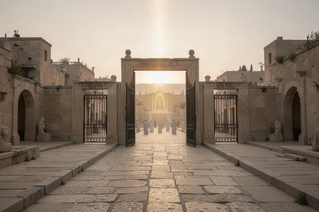 Restored ancient city at sunrise symbolizing Jehovah Shammah