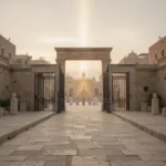 Restored ancient city at sunrise symbolizing Jehovah Shammah
