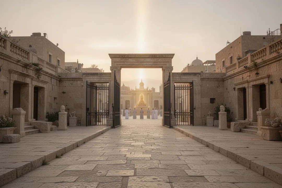 Restored ancient city at sunrise symbolizing Jehovah Shammah
