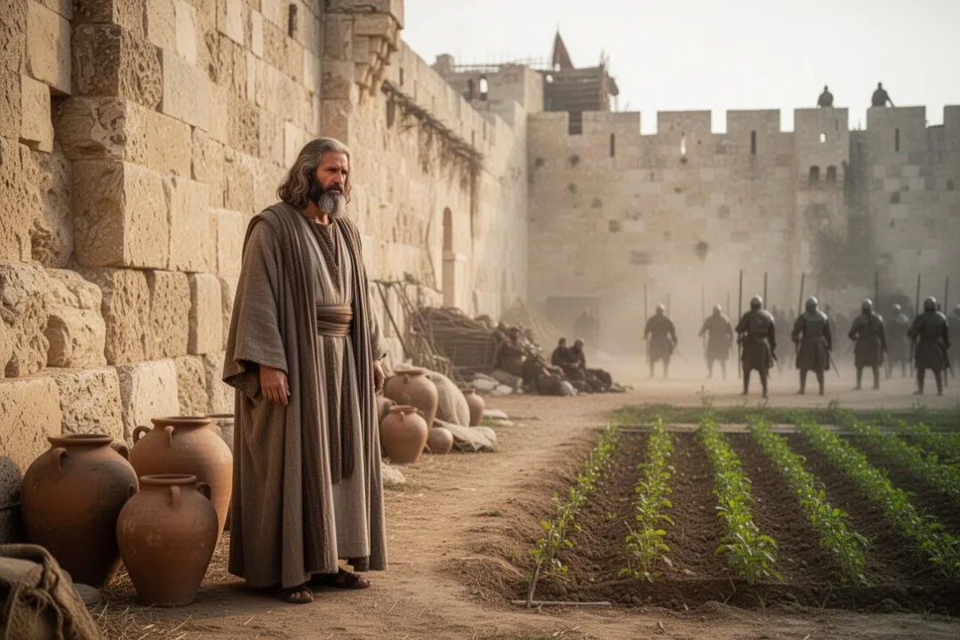Prophet near Jerusalem during siege with a field symbolizing future restoration