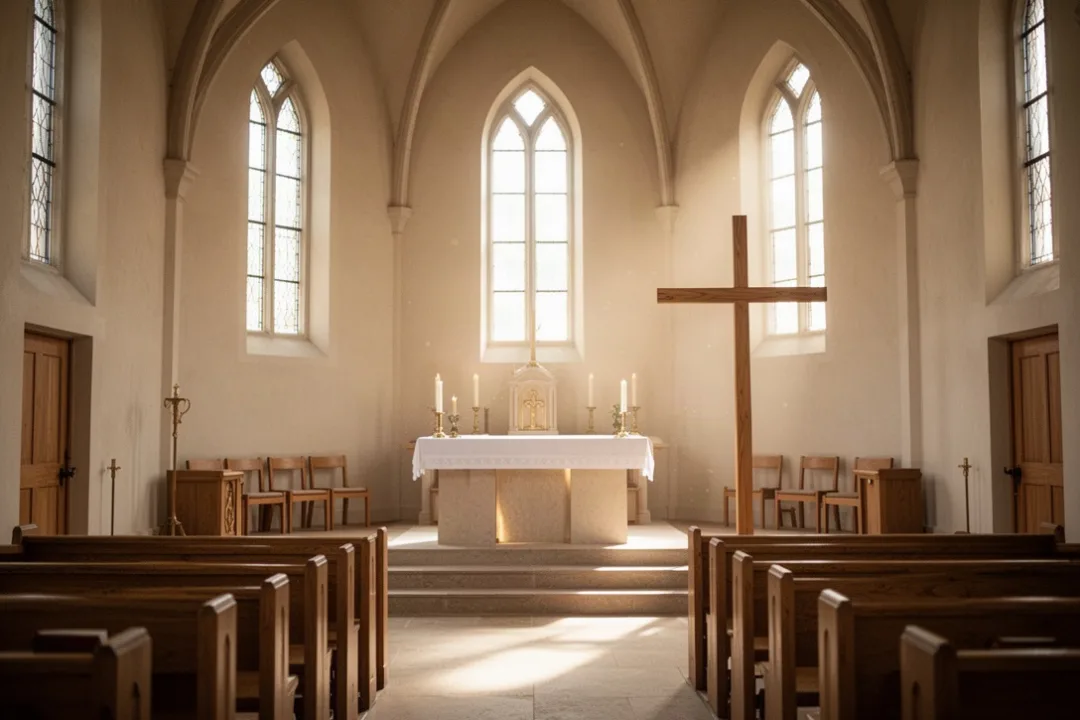 Simple wooden cross in a softly lit church sanctuary