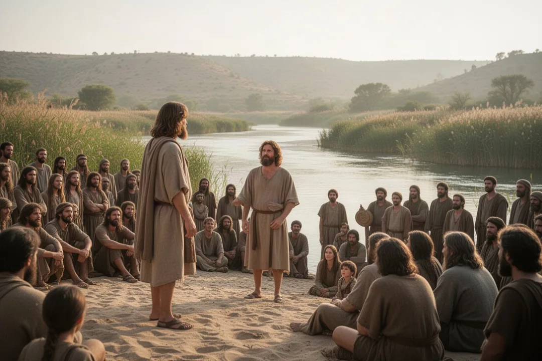 John the Baptist preaching beside the Jordan River to gathered crowds
