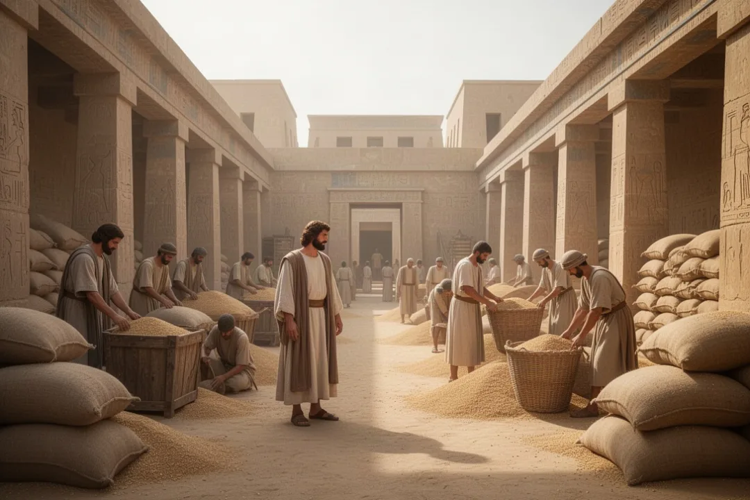 Joseph overseeing grain storage in ancient Egypt during abundant harvest years