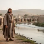Joshua meaning: origin, biblical history, and name symbolism Ancient leader overlooking the Jordan River with travelers and tents