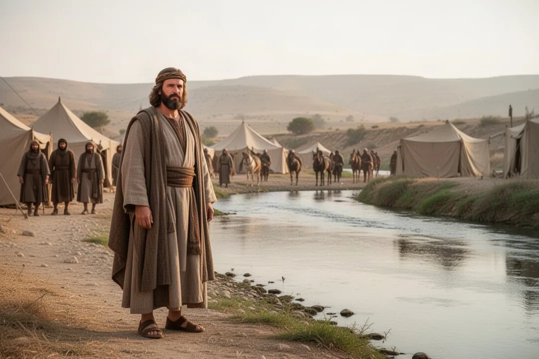 Ancient leader overlooking the Jordan River with travelers and tents