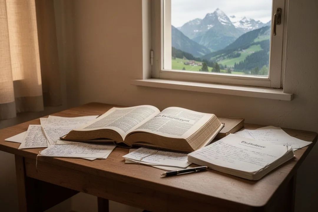 Open theological books and notes in a warmly lit study