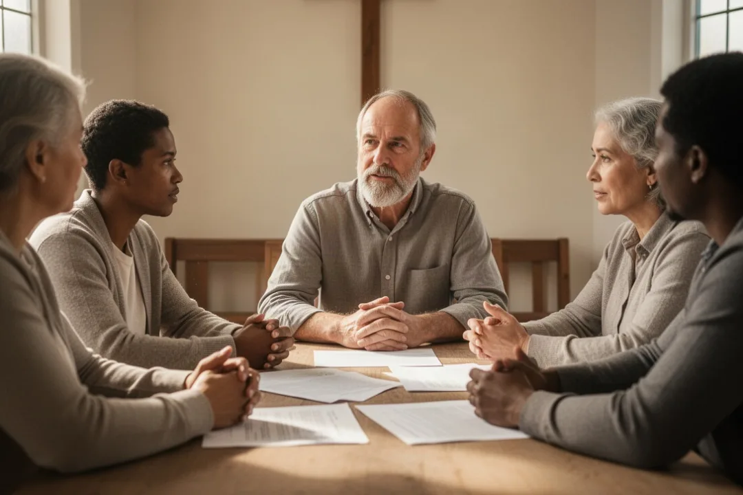 Church leader listening humbly during a community discussion
