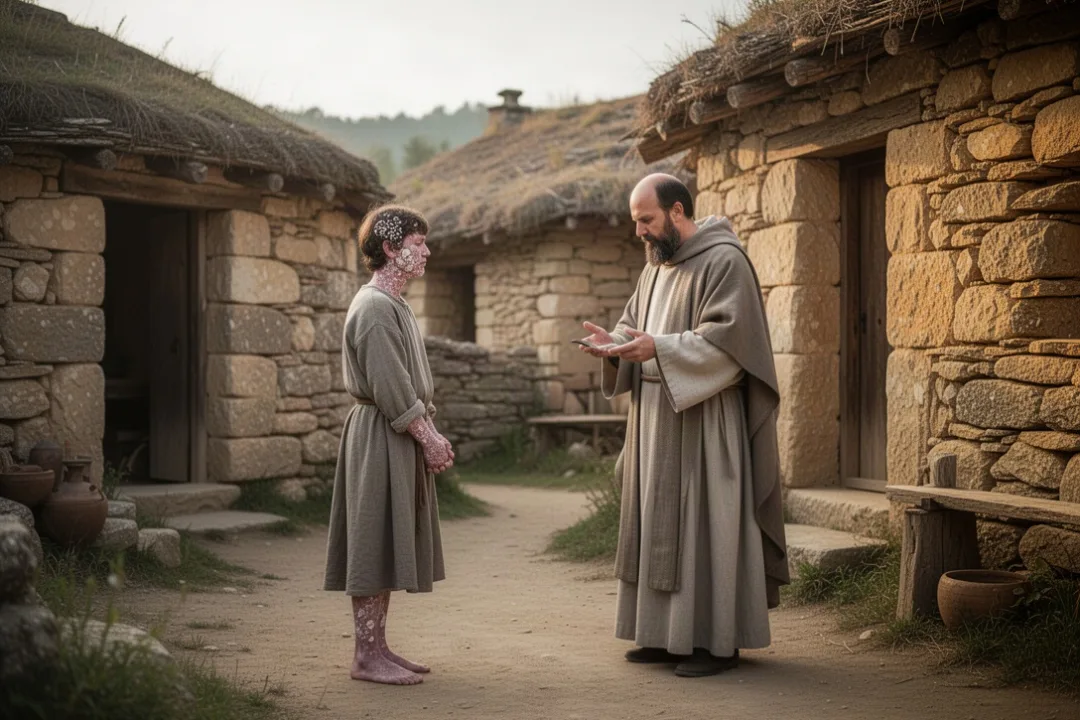 Ancient priest examining a person with a suspected biblical skin condition