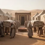 Levites transporting tabernacle furnishings through an ancient Israelite camp