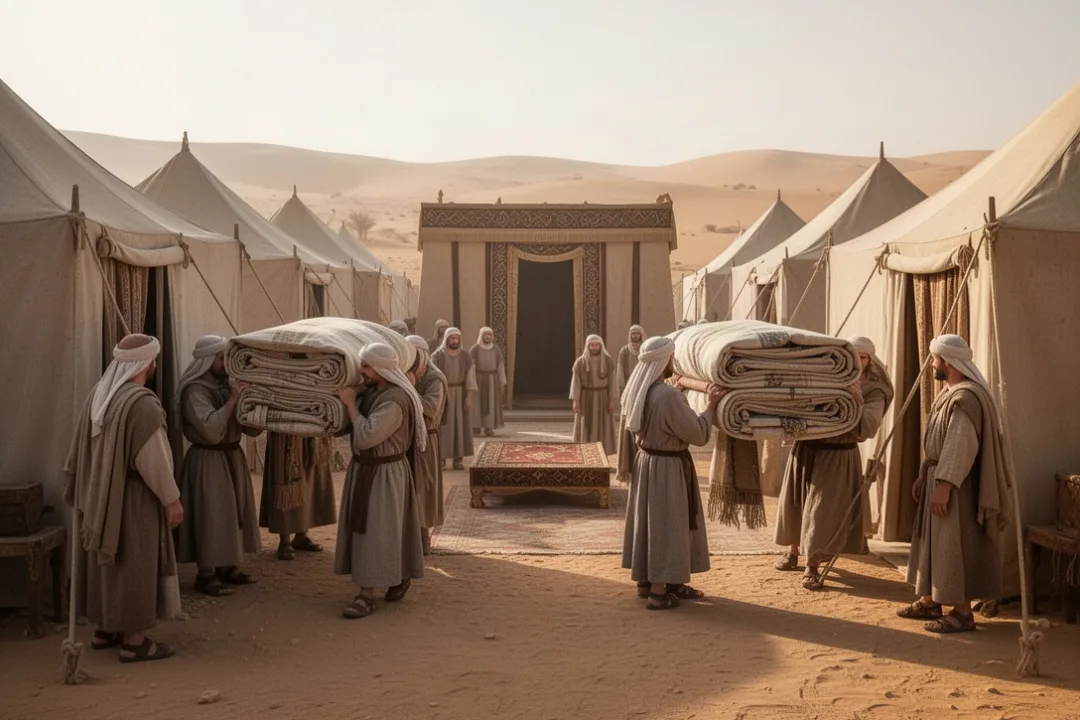 Levites transporting tabernacle furnishings through an ancient Israelite camp