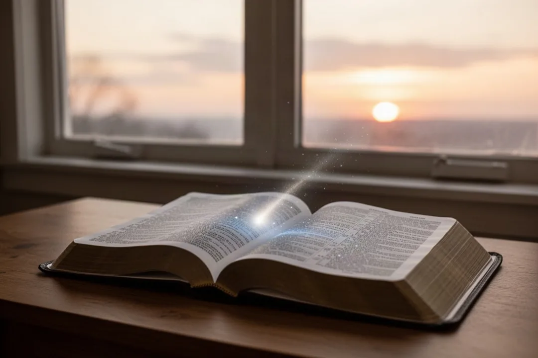 Open Bible beside dawn light and a falling star reflection