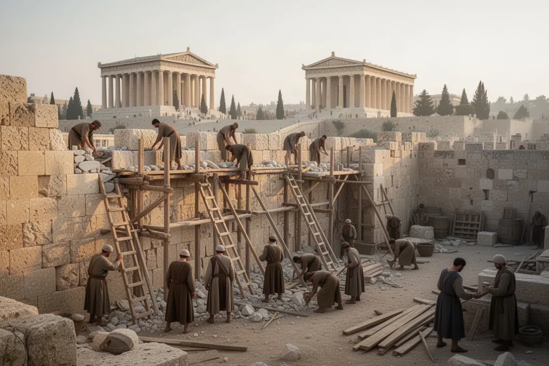 Workers rebuilding Jerusalem’s ancient stone walls near the temple