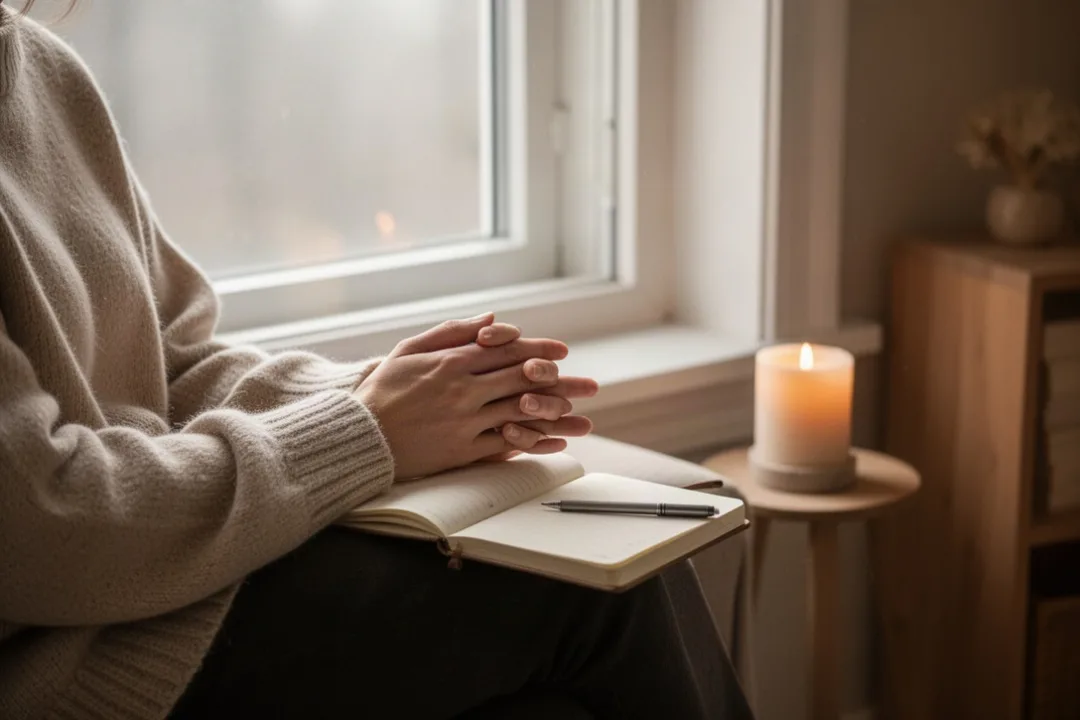 Person practicing quiet prayer beside a journal and candle