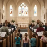Diverse Methodist congregation worshiping in a bright historic church sanctuary