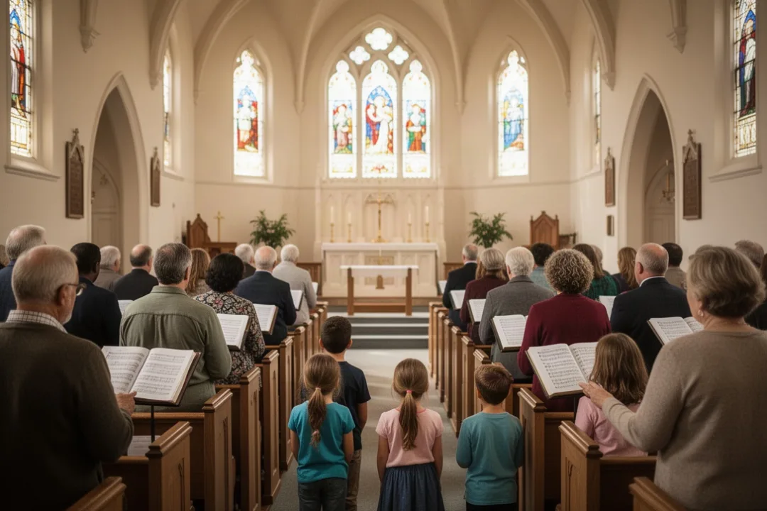 Diverse Methodist congregation worshiping in a bright historic church sanctuary
