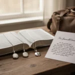 Mizpah meaning: the biblical phrase explained Matching Mizpah pendants beside a Bible and farewell keepsakes