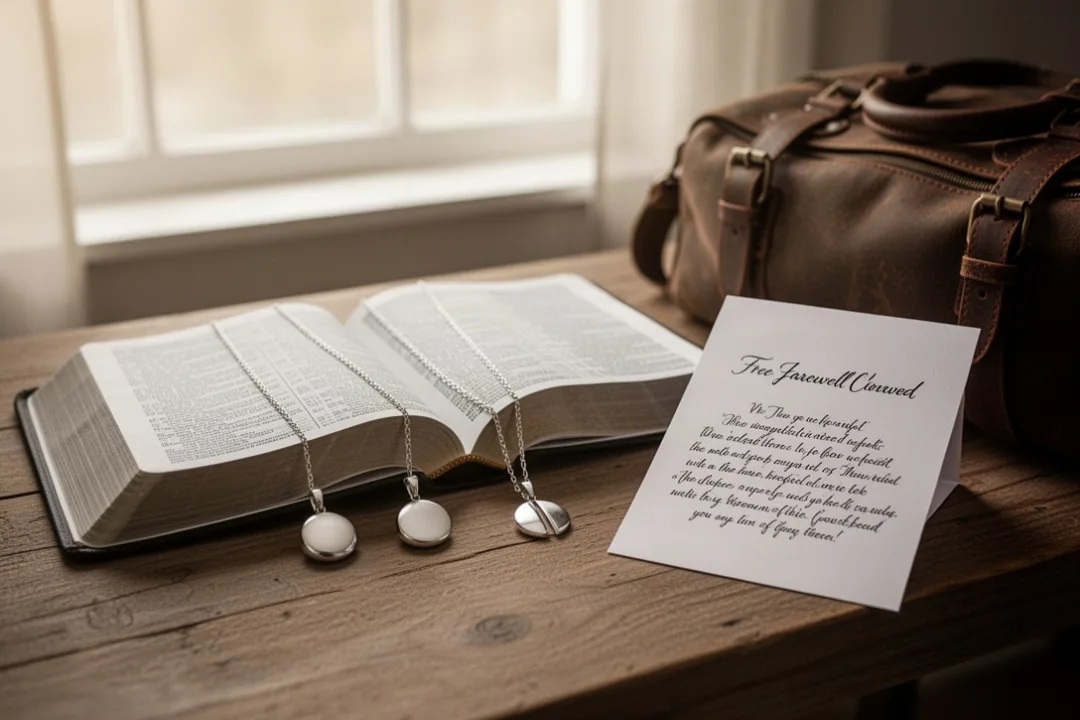Matching Mizpah pendants beside a Bible and farewell keepsakes