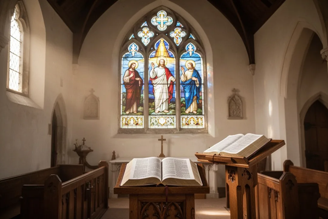 Open Bible and church light representing Christian teaching about modalism