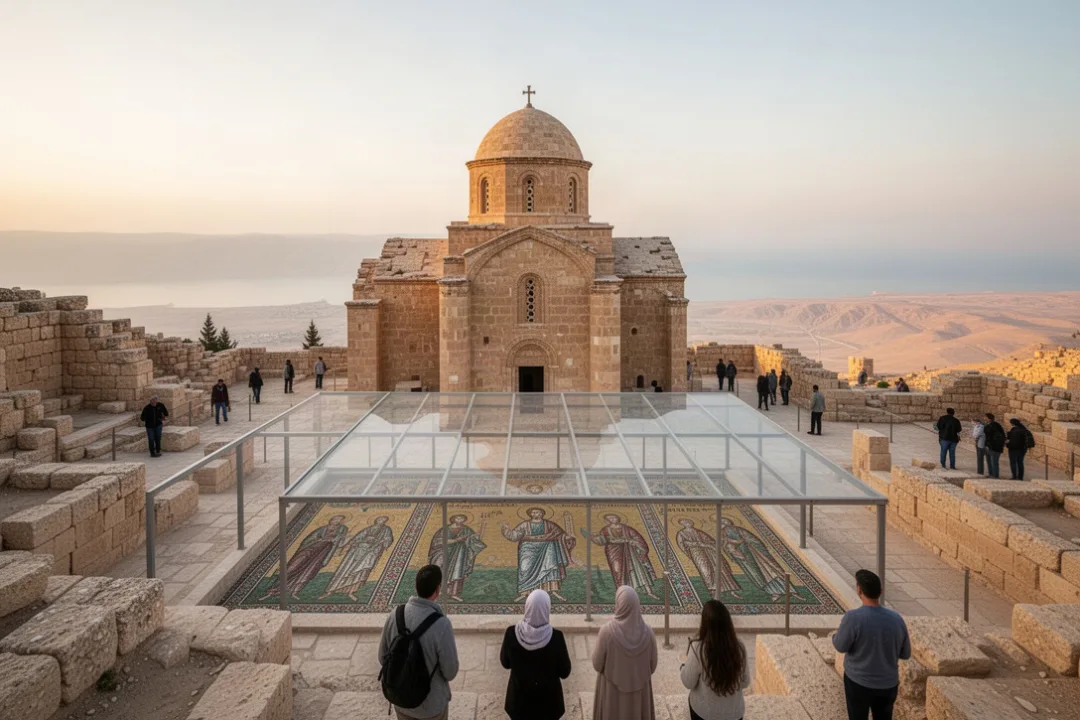 Mount Nebo church ruins and Byzantine mosaics above the Dead Sea