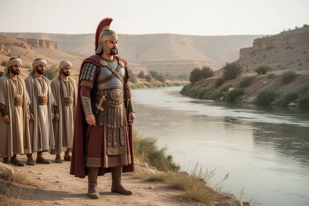Naaman standing beside the Jordan River before his healing