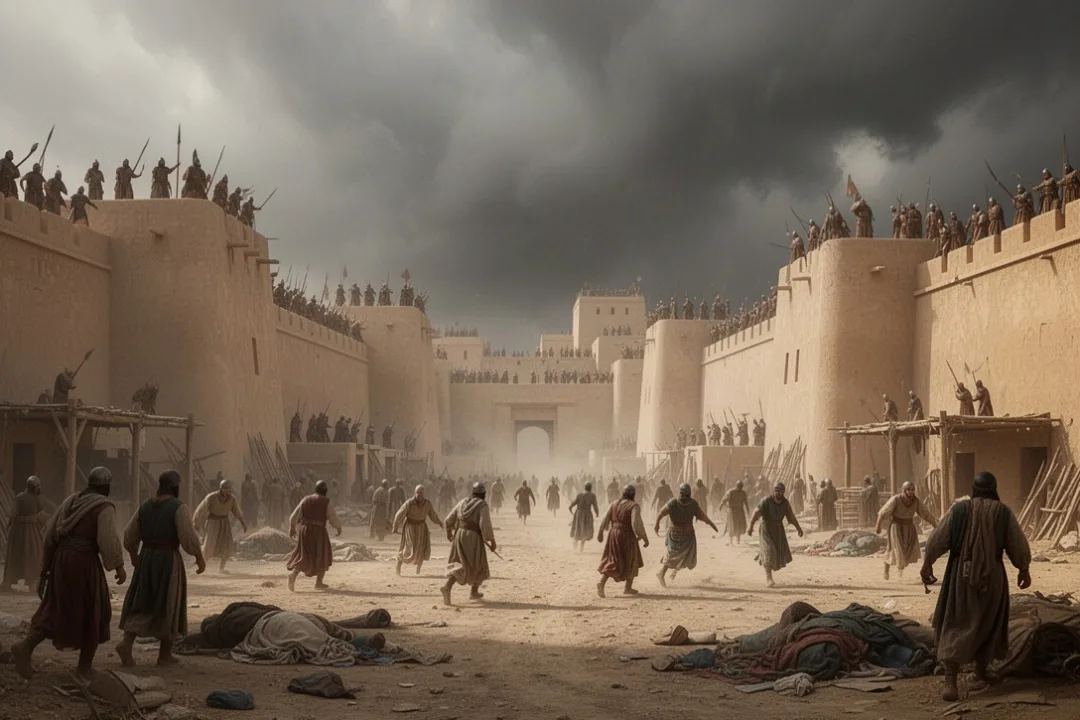 Ancient Nineveh under siege with distant figures fleeing the city