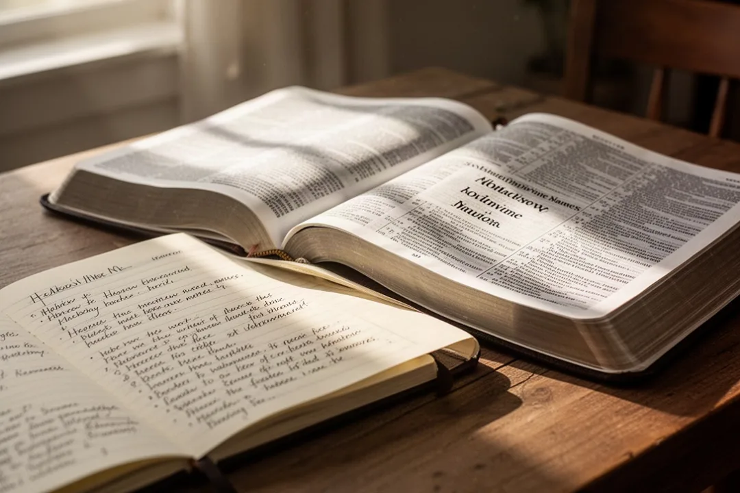 Open Bible and notebook beside a study about biblical names of God