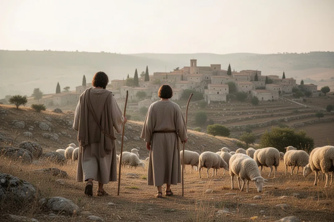 Shepherd guiding sheep across a sunlit biblical hillside