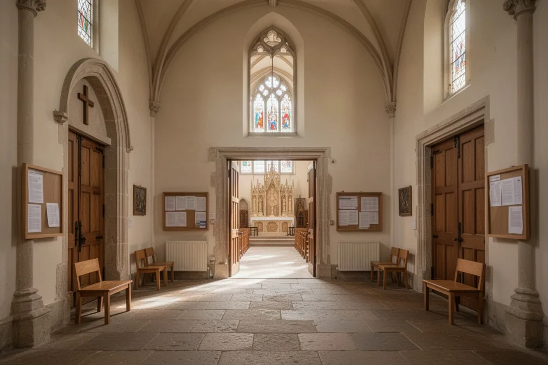 Historic church narthex leading toward the nave