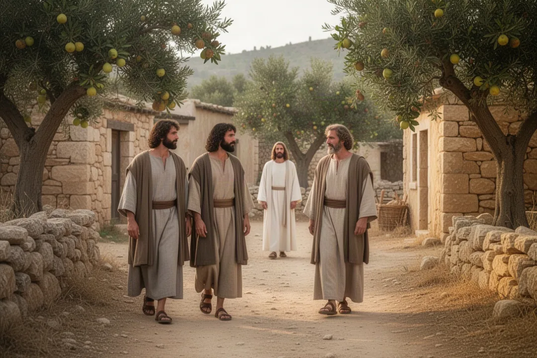 Philip brings Nathanael to meet Jesus near a Galilean village