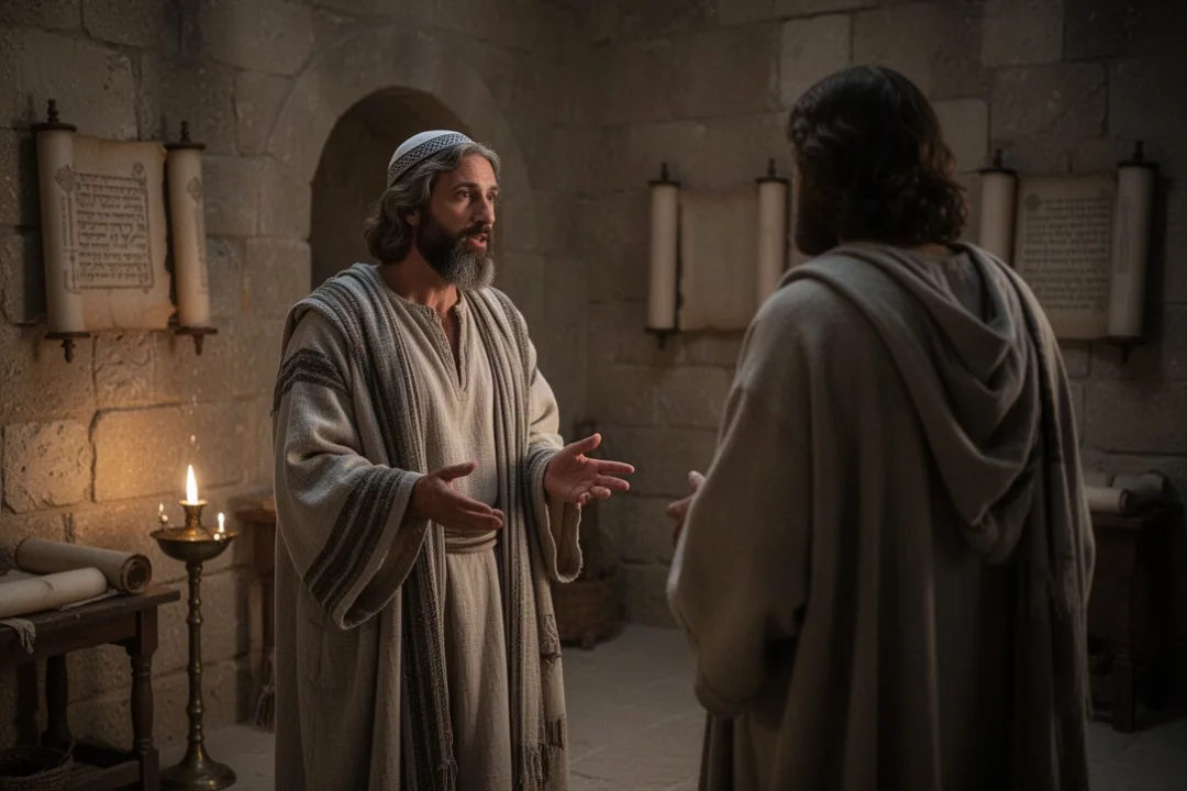 Nicodemus speaking privately with Jesus at night in Jerusalem