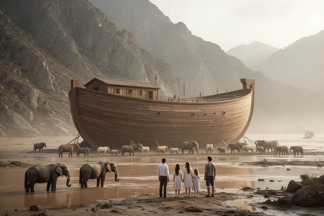 Ancient ark resting near mountains after the floodwaters recede