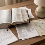 Old Testament: books, meaning, and how to read it Open Bible, ancient Near East map, lamp, and study notes