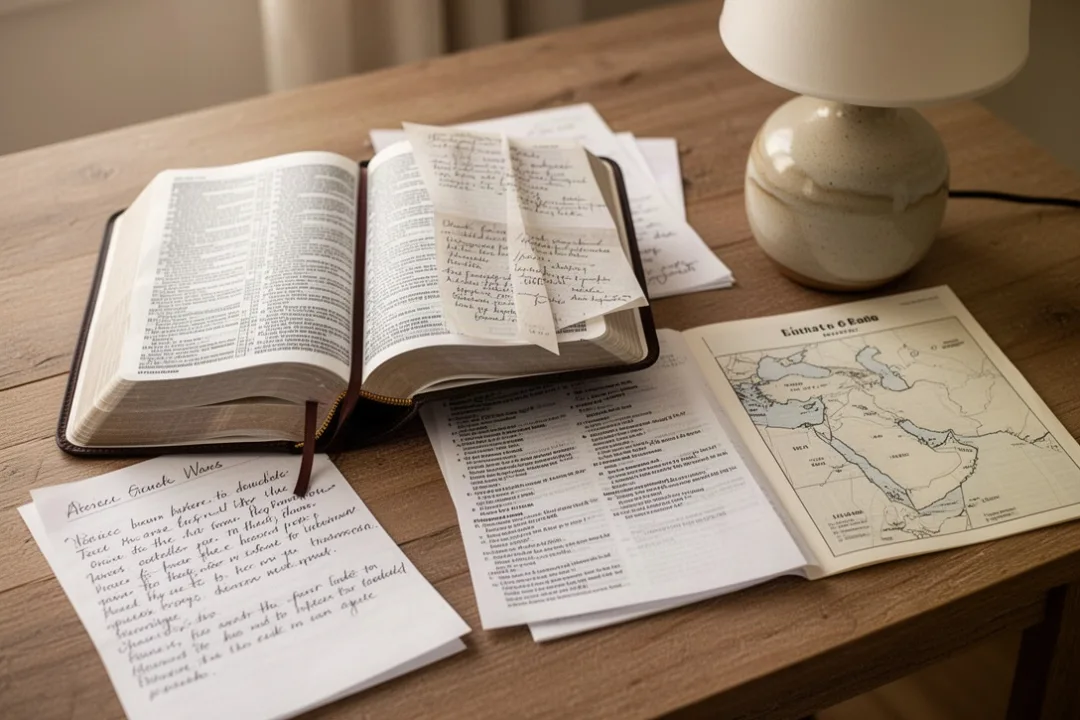 Open Bible, ancient Near East map, lamp, and study notes